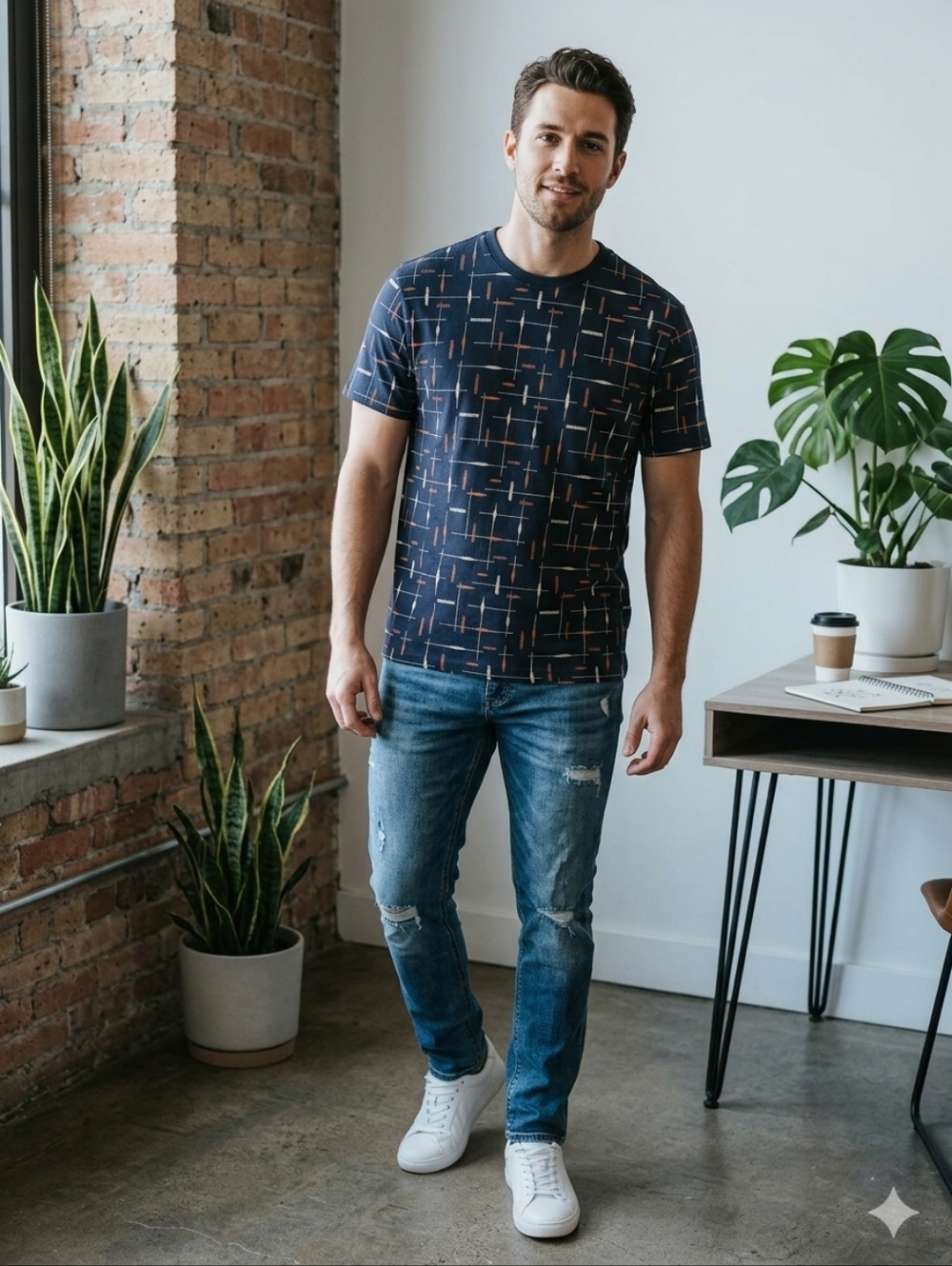 ​BEN SHERMAN Geo Print Tee Mid Century Modern Geometric Navy Blue Size Medium